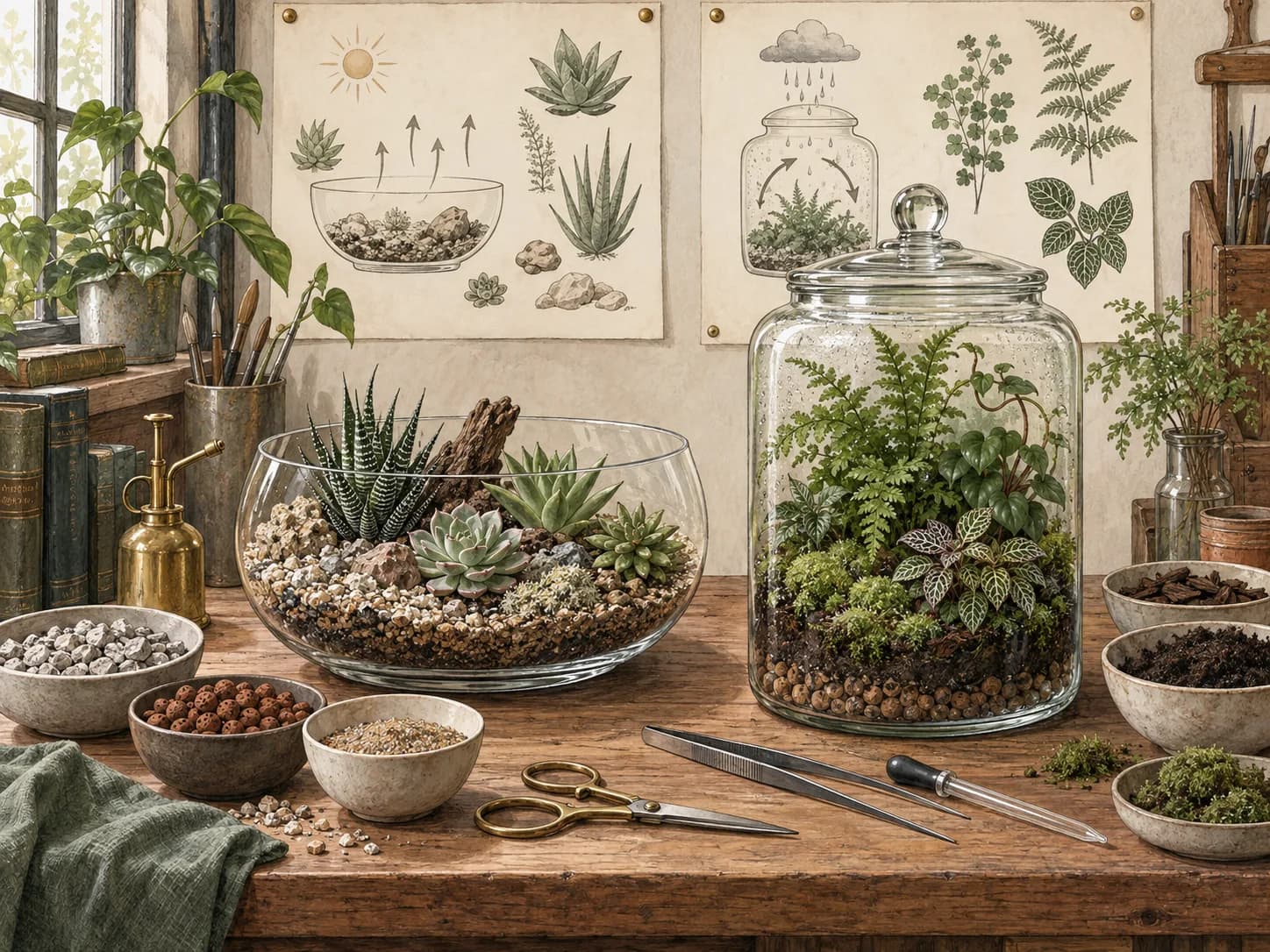 Botanical editorial illustration comparing an open terrarium bowl and a closed glass jar on a wooden workbench, showing the open arid setup with succulents, stones and gritty substrate beside a sealed humid terrarium planted with moss, ferns and tropical foliage, with tools and botanical study sheets in the background.