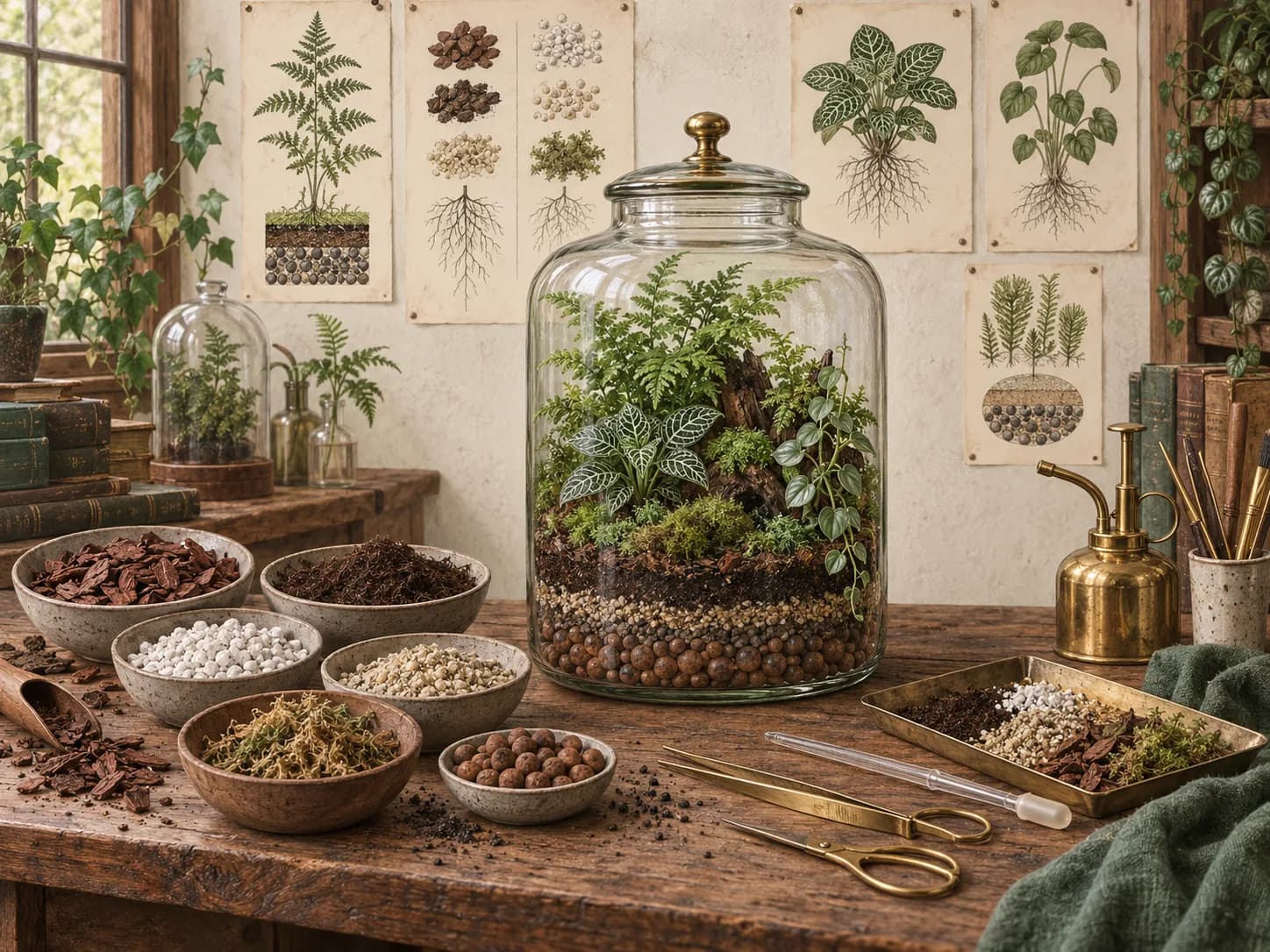 Botanical editorial illustration of a terrarium-building workbench showing substrate ingredients arranged around a closed glass jar terrarium, with bowls of bark, fine organic material, perlite, grit, moss and clay balls, plus scissors, tweezers and a pipette, while botanical study sheets behind explain drainage and planting structure.