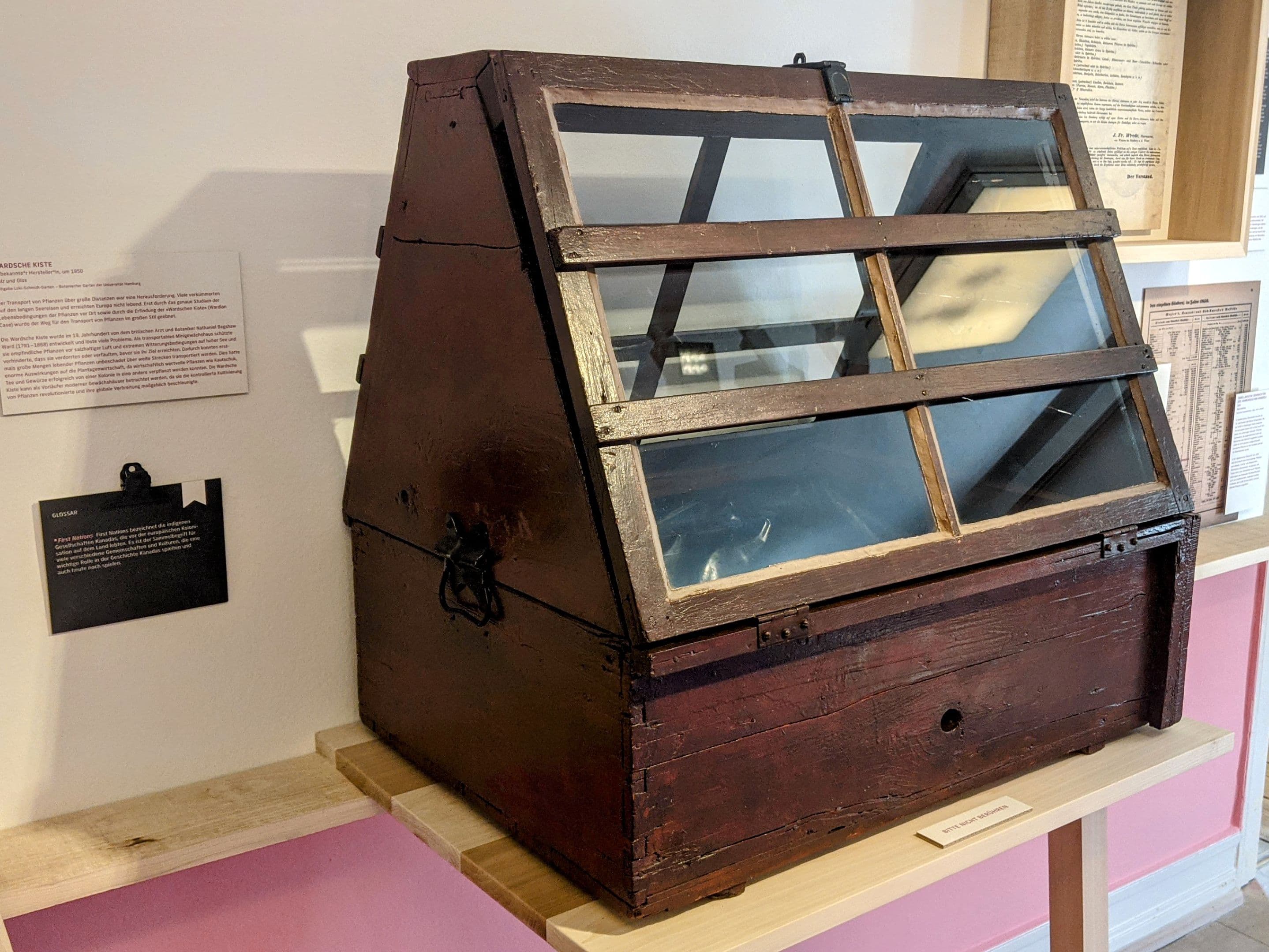 Sturdy wooden plant transport case with glass panels and a metal nameplate, shown in a museum gallery.