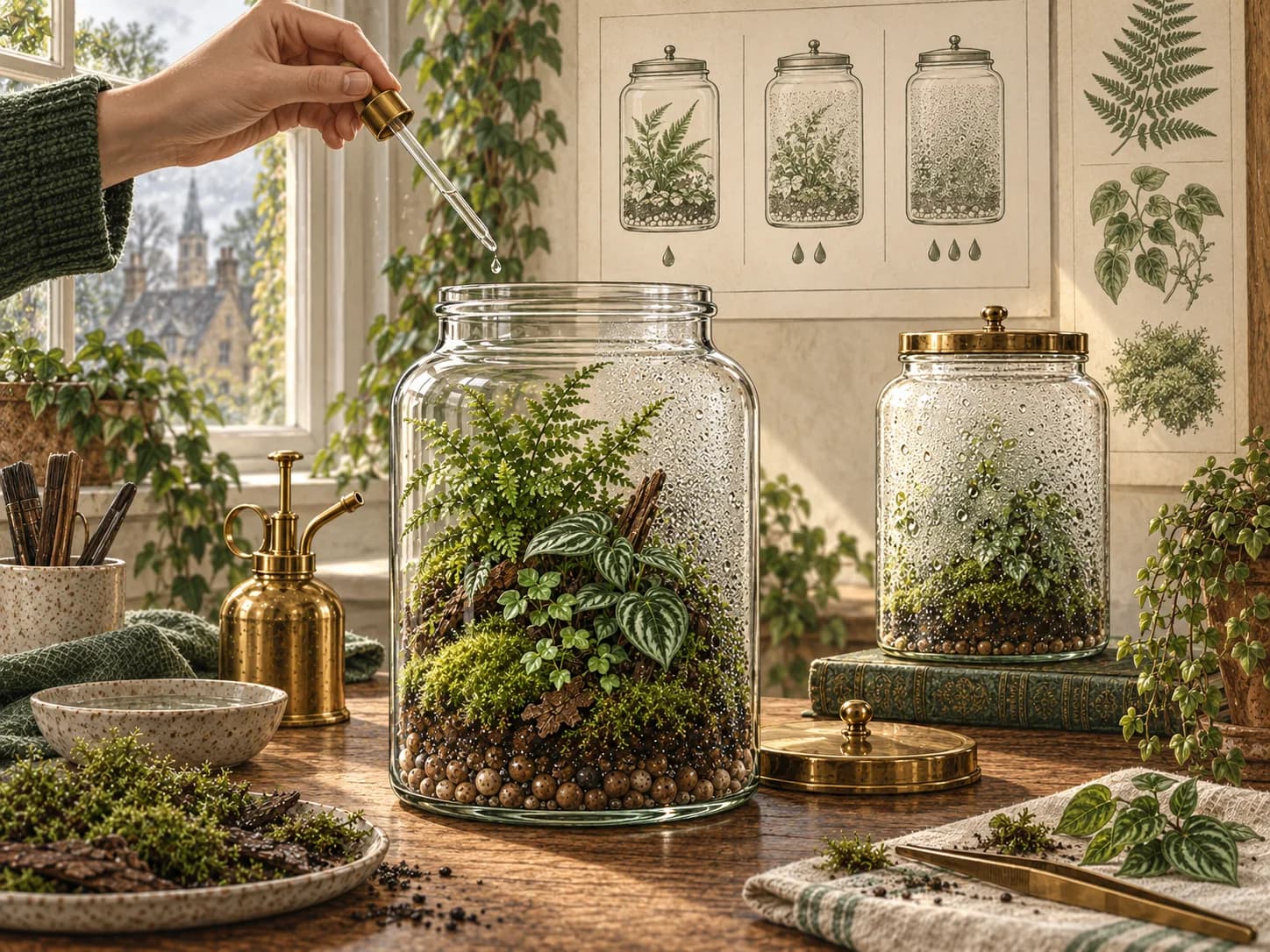 The same jar twice — 8am with a thin even mist, 2pm with clear glass and plants visible. Shoot in a real UK room (north or east window, no staged rainforest).